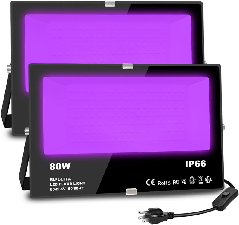 MELPO Black Light 80W Blacklight Flood Light Outdoor for Glow Party, Halloween Decoration, Body Paint, Fluorescent Poster, Stage Lighting，Neon Glow, IP66, US-Plug-Switch-5.9Ft Cord (2 Pack) - Image 1